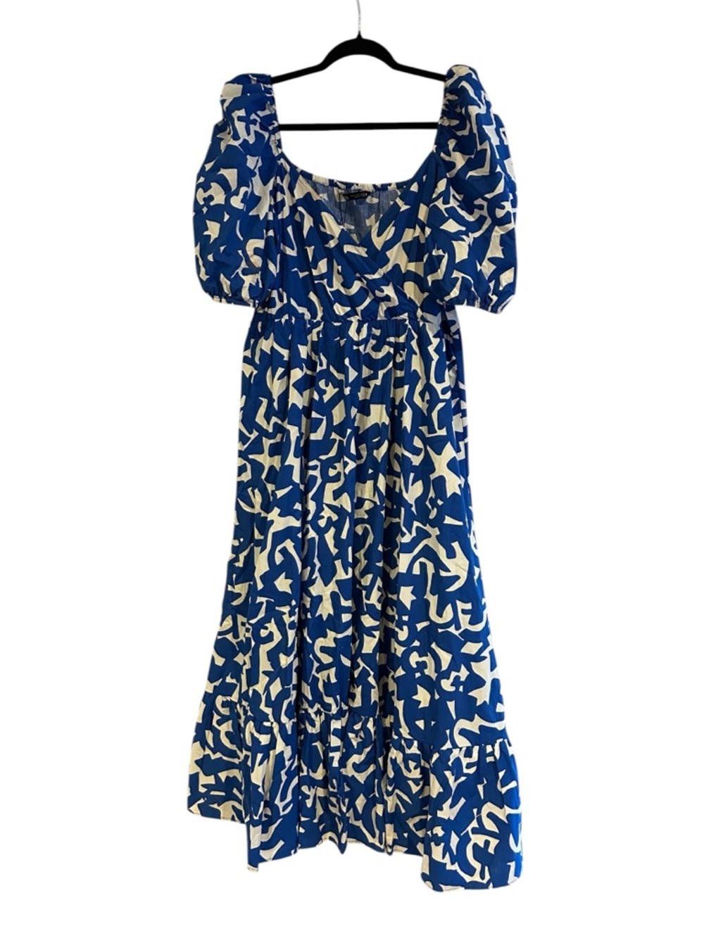 Zara Blue and White Abstract Puff-Sleeve Maxi Dress Size XL